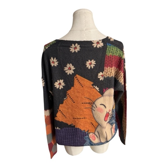 Harajuku Style Cartoon Colorful Patchwork Cardigan Sweater Wool Blend M L Cat - Picture 6 of 13